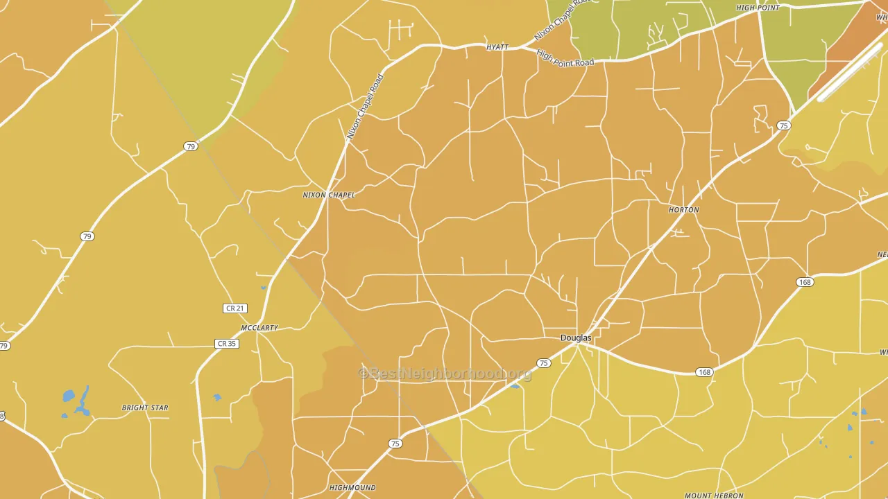 Map of the best neighborhoods in the Horton area, with better matches in green and worse matches in red