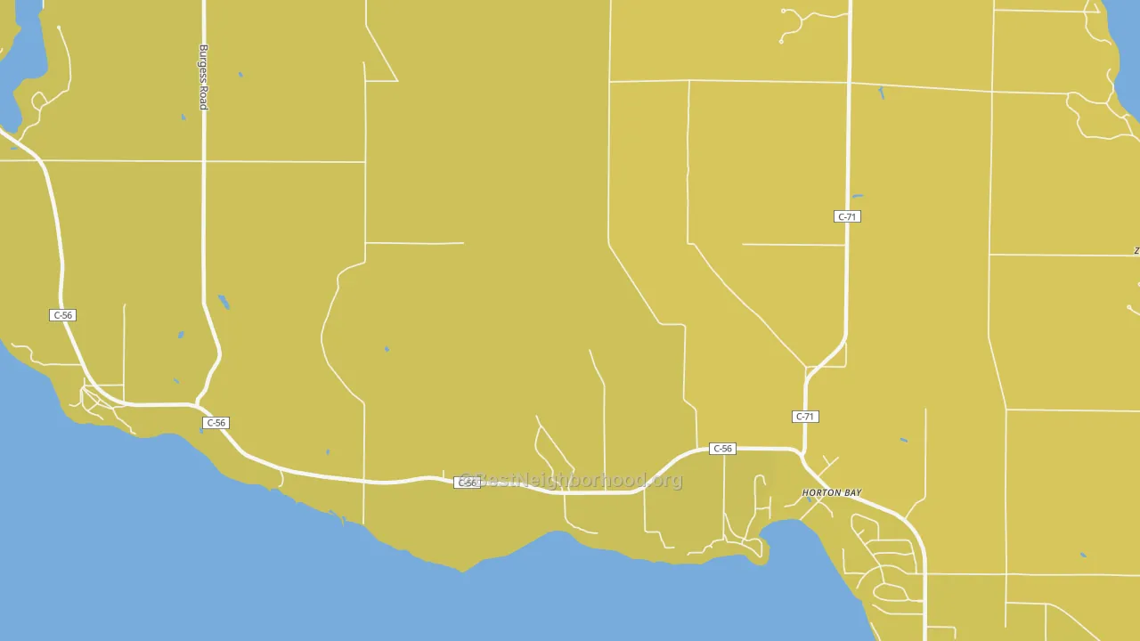 Map of the best neighborhoods in the Horton Bay area, with better matches in green and worse matches in red