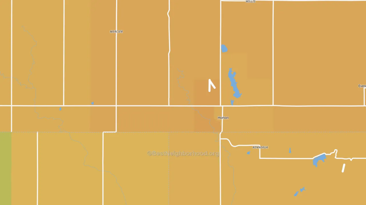 Map of the best neighborhoods in the Horton area, with better matches in green and worse matches in red