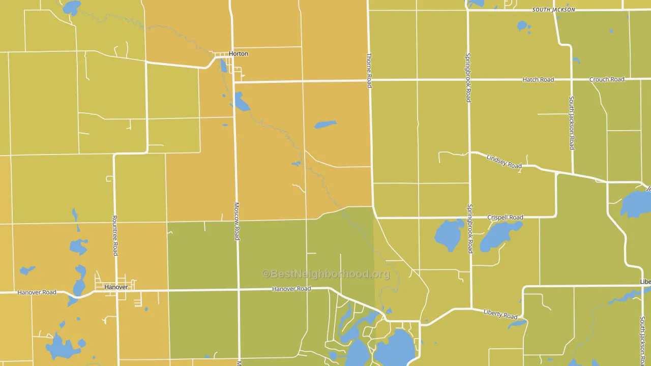 Map of the best neighborhoods in the Horton area, with better matches in green and worse matches in red