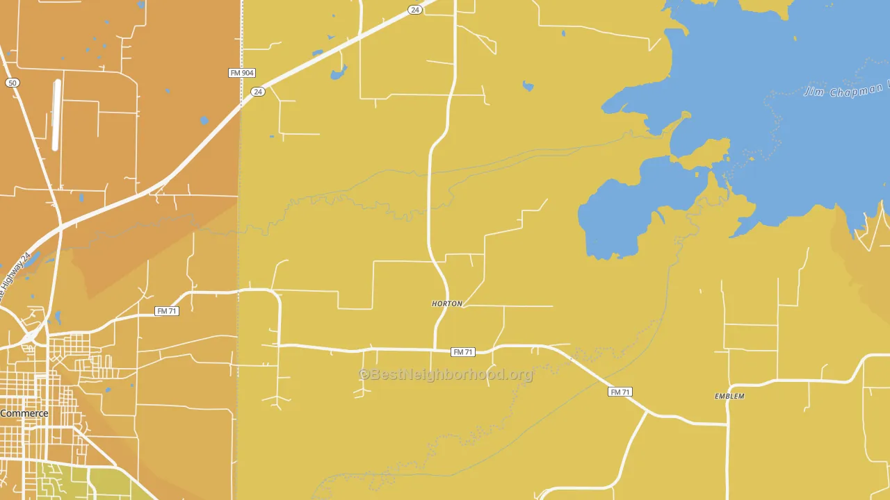 Map of the best neighborhoods in the Horton area, with better matches in green and worse matches in red