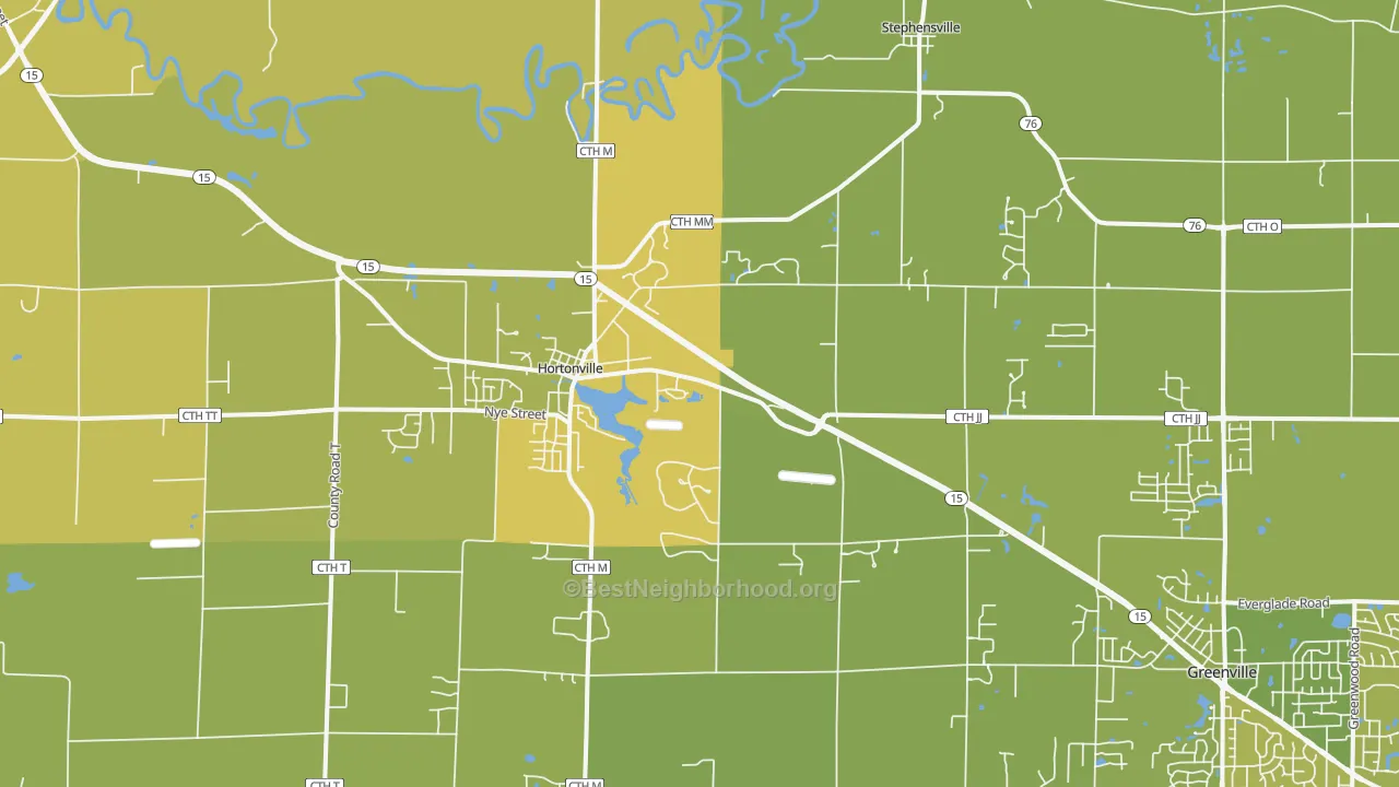 Map of the best neighborhoods in the Hortonville area, with better matches in green and worse matches in red