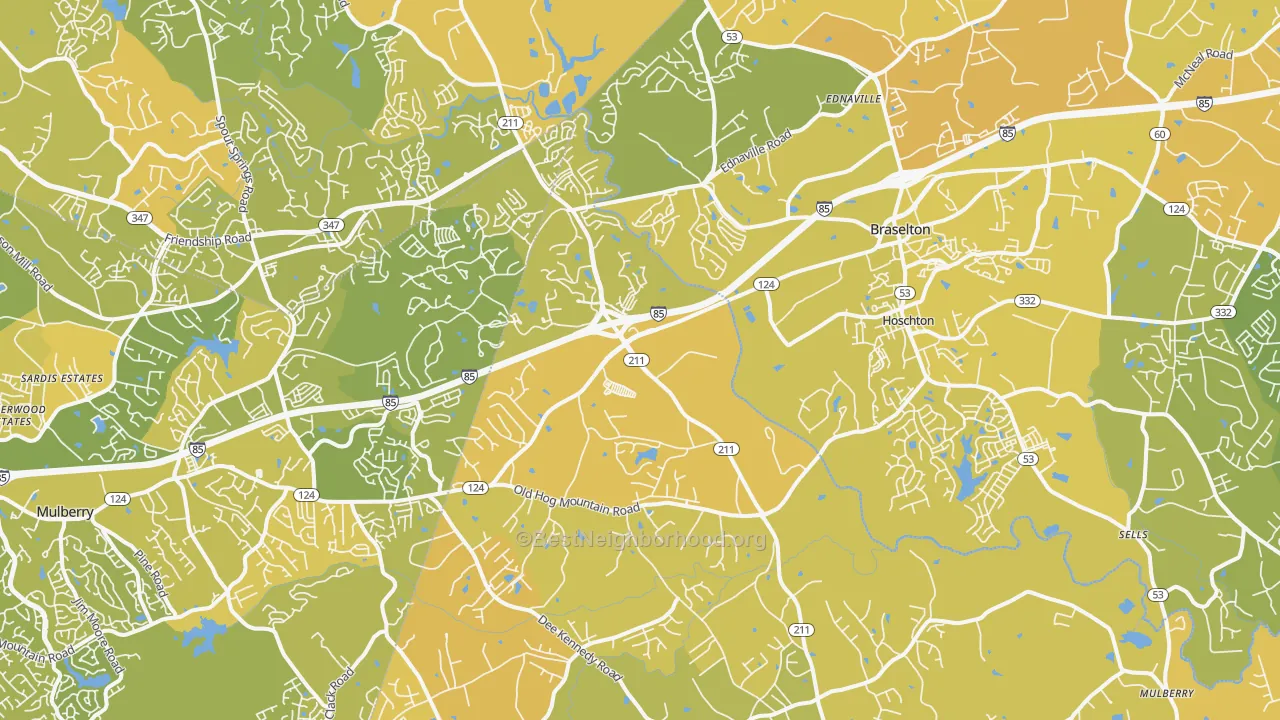 Map of the best neighborhoods in the Hoschton area, with better matches in green and worse matches in red