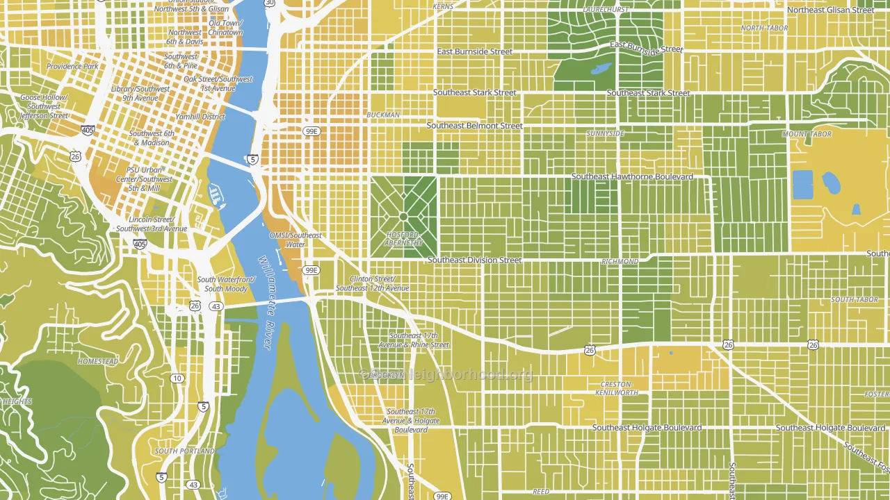 Map of the best neighborhoods in the Hosford-Abernethy, Portland area, with better matches in green and worse matches in red