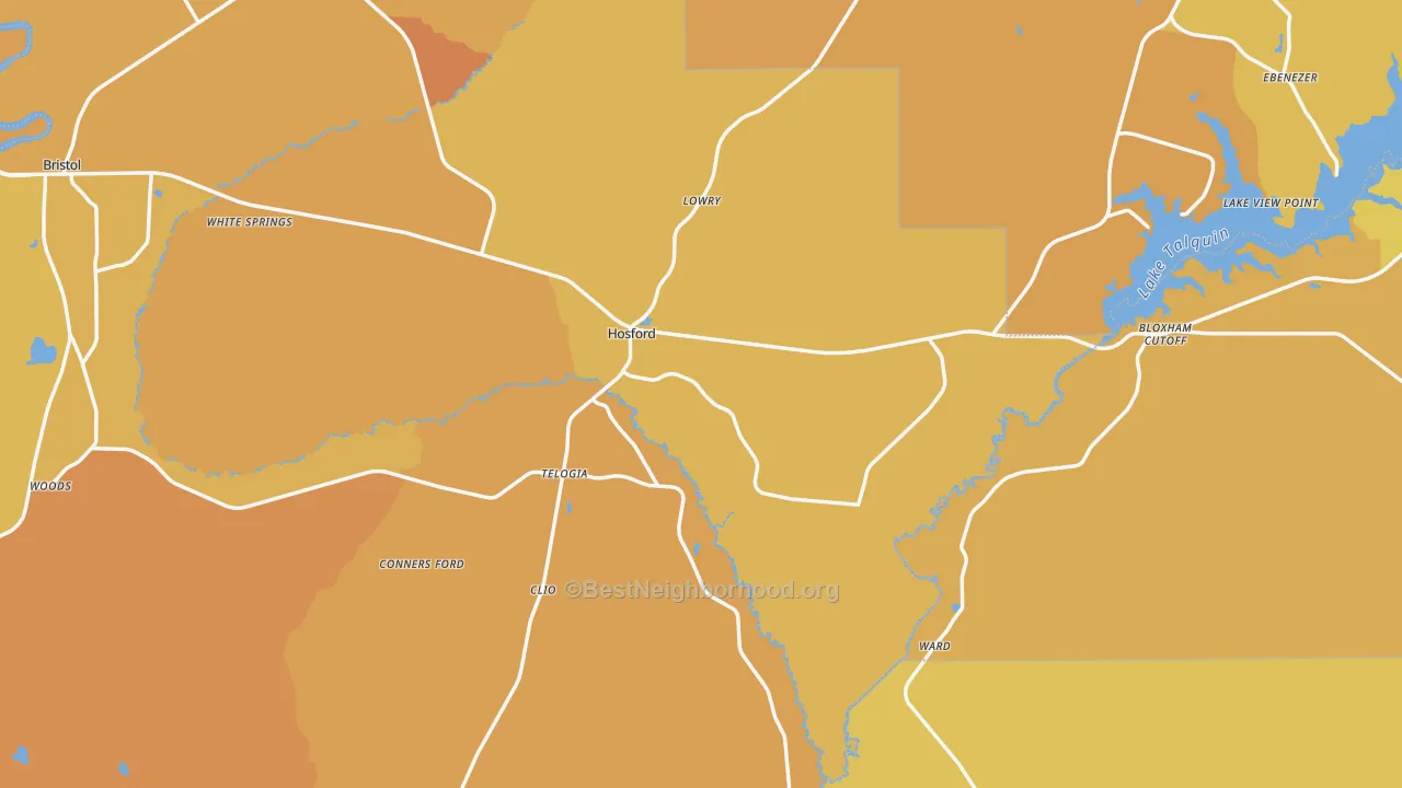 Map of the best neighborhoods in the Hosford area, with better matches in green and worse matches in red