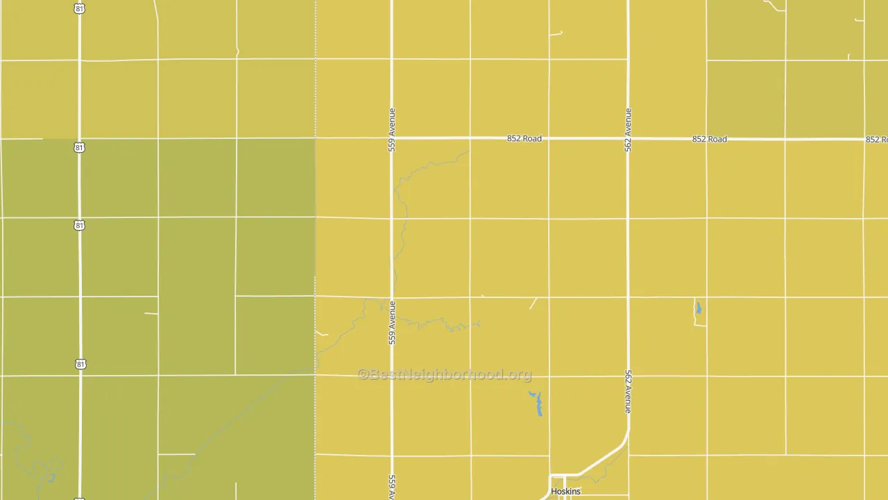 Map of the best neighborhoods in the Hoskins area, with better matches in green and worse matches in red