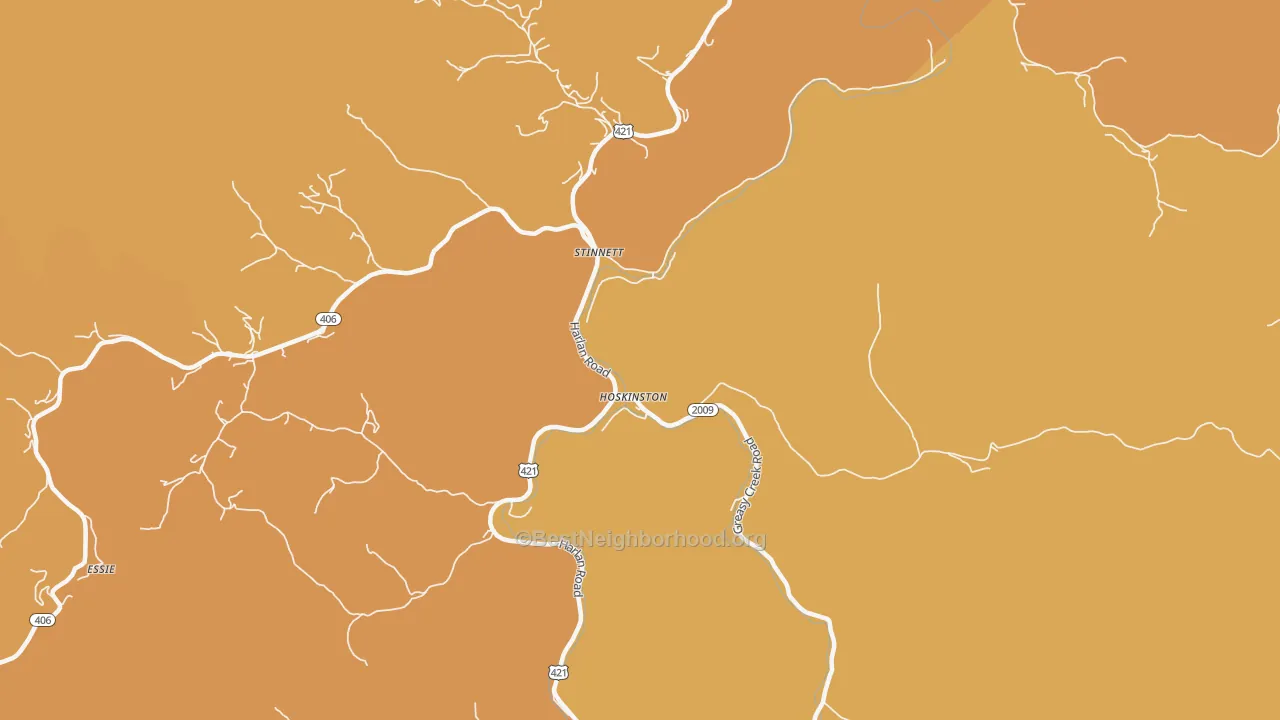 Map of the best neighborhoods in the Hoskinston area, with better matches in green and worse matches in red