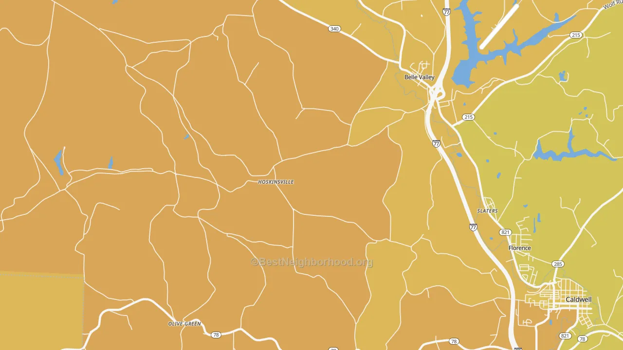 Map of the best neighborhoods in the Hoskinsville area, with better matches in green and worse matches in red