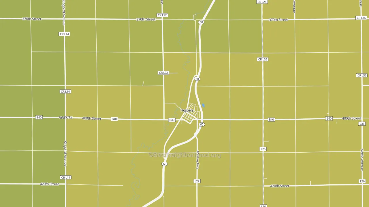 Map of the best neighborhoods in the Hospers area, with better matches in green and worse matches in red