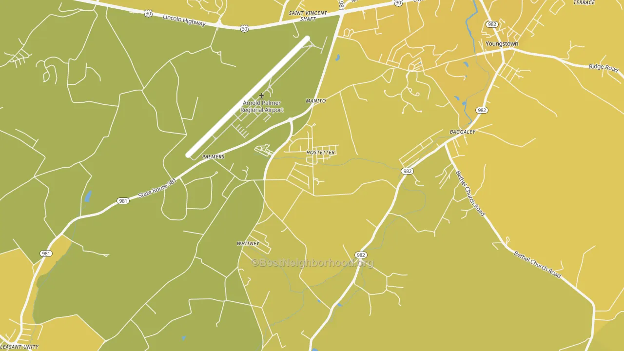 Map of the best neighborhoods in the Hostetter area, with better matches in green and worse matches in red