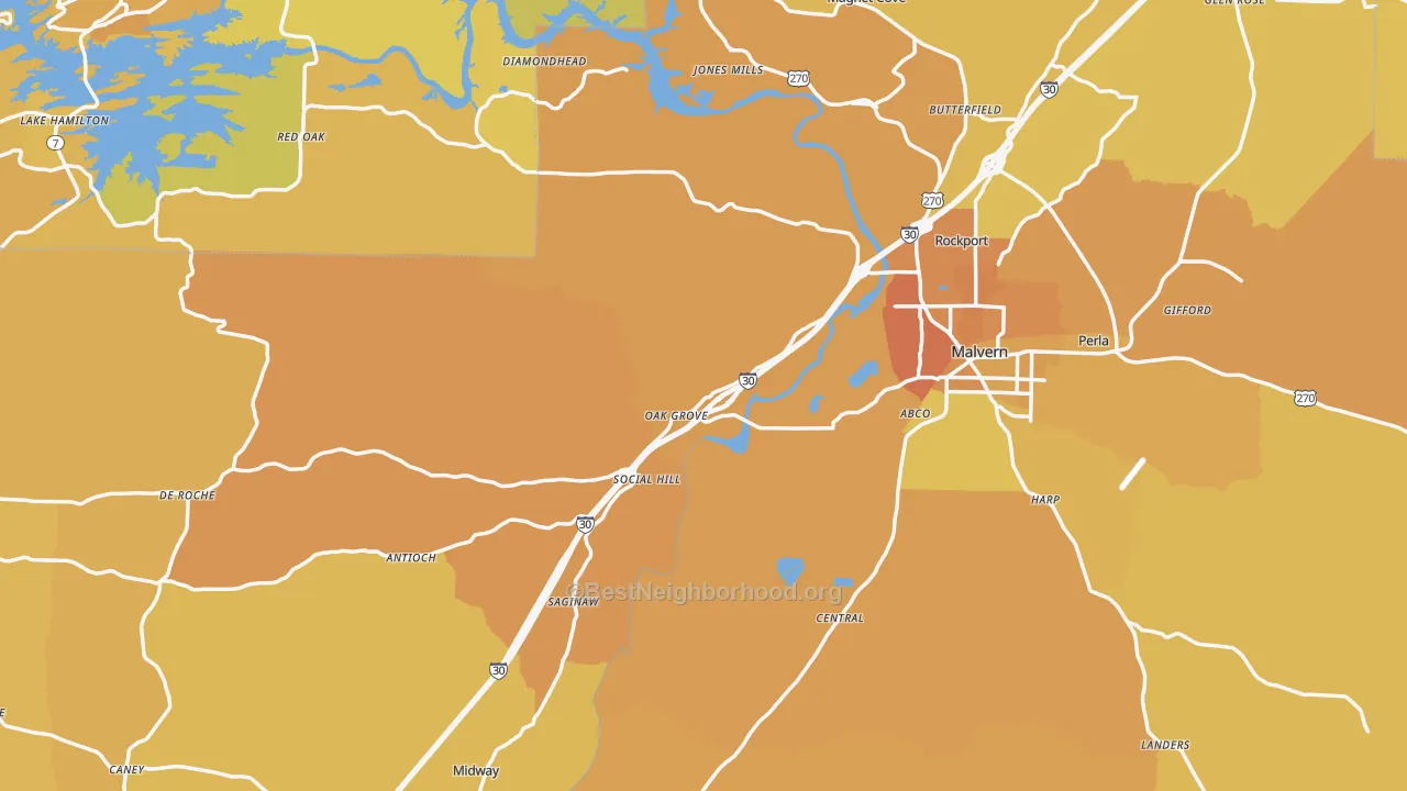 Map of the best neighborhoods in the Hot Spring County area, with better matches in green and worse matches in red