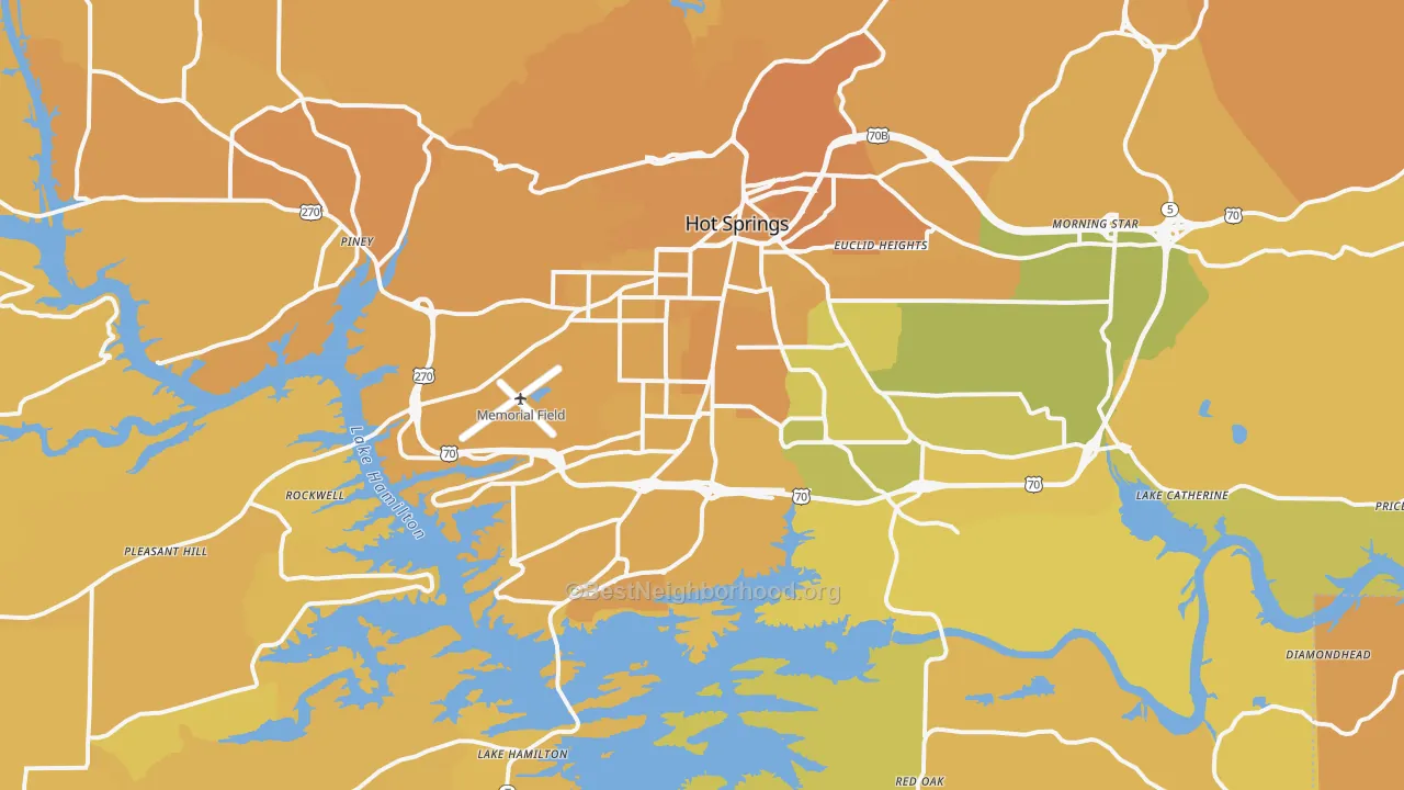 Map of the best neighborhoods in the Hot Springs Metro area, with better matches in green and worse matches in red