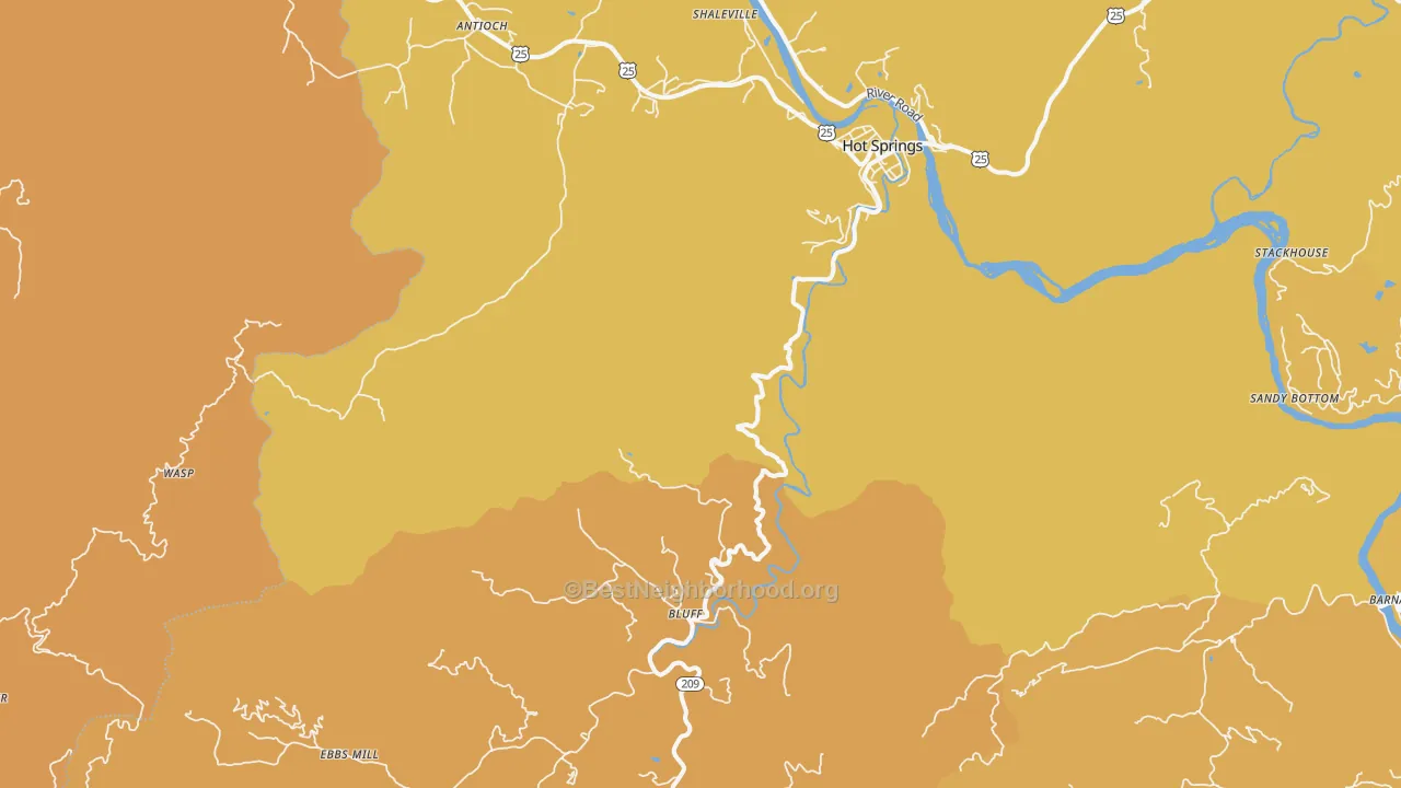 Map of the best neighborhoods in the Hot Springs area, with better matches in green and worse matches in red