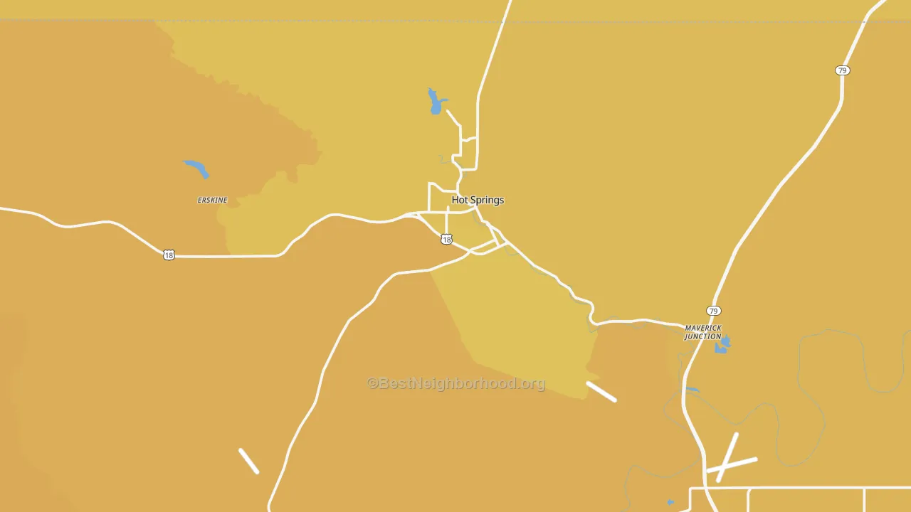 Map of the best neighborhoods in the Hot Springs area, with better matches in green and worse matches in red