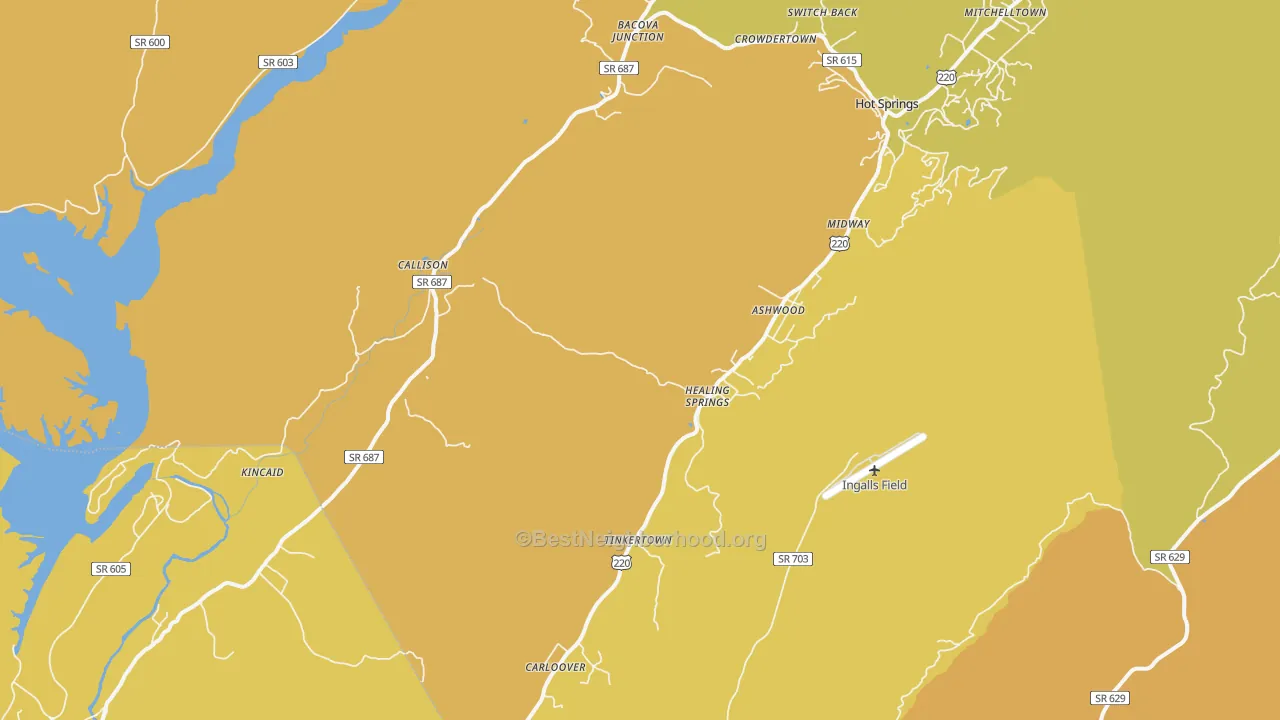 Map of the best neighborhoods in the Hot Springs area, with better matches in green and worse matches in red
