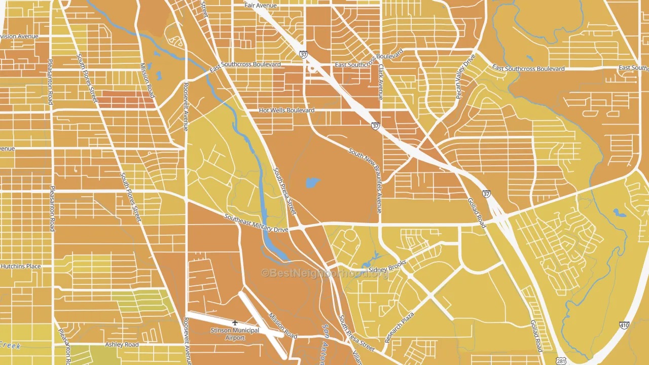 Map of the best neighborhoods in the Hot Wells, San Antonio area, with better matches in green and worse matches in red