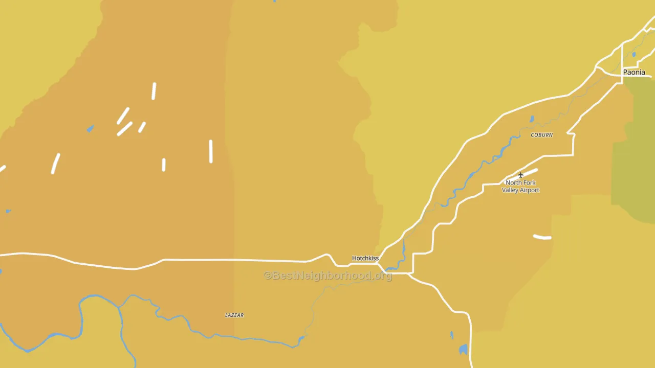Map of the best neighborhoods in the Hotchkiss area, with better matches in green and worse matches in red
