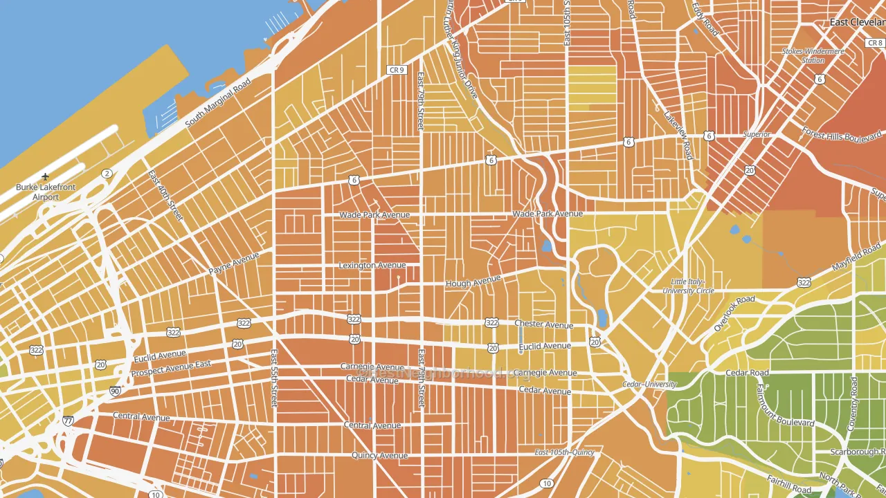 Map of the best neighborhoods in the Hough, Cleveland area, with better matches in green and worse matches in red