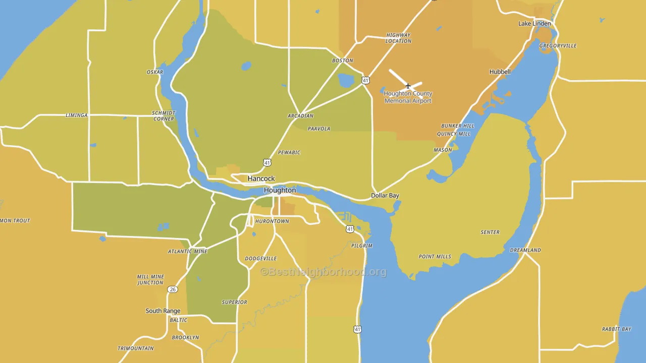 Map of the best neighborhoods in the Houghton County area, with better matches in green and worse matches in red