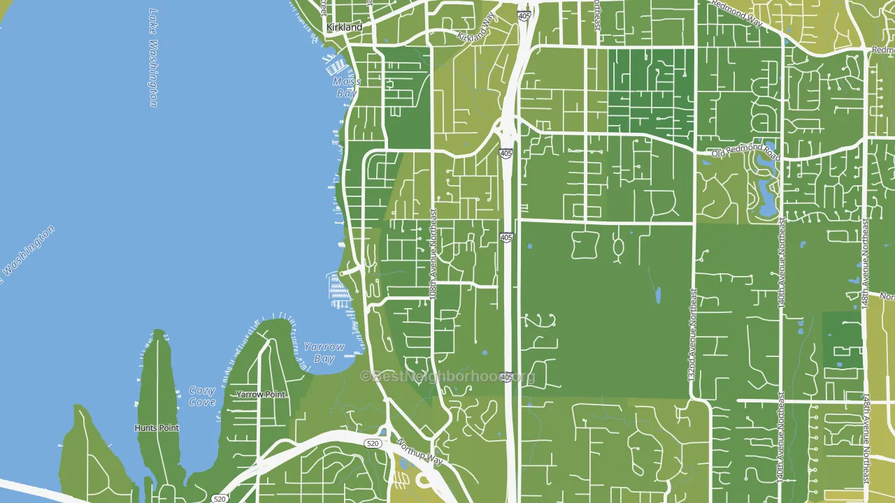 Map of the best neighborhoods in the Houghton, Kirkland area, with better matches in green and worse matches in red