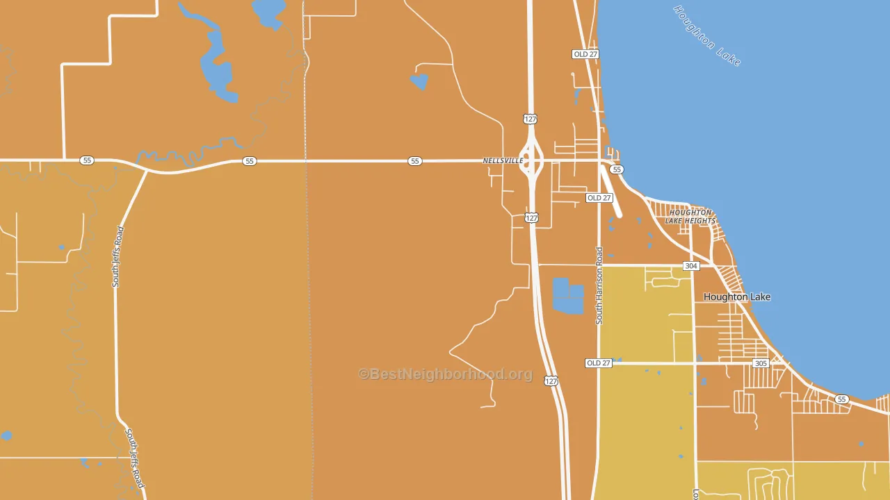 Map of the best neighborhoods in the Houghton Lake Heights area, with better matches in green and worse matches in red