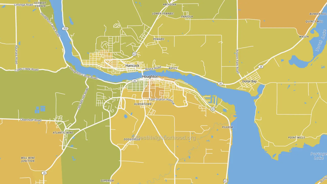 Map of the best neighborhoods in the Houghton area, with better matches in green and worse matches in red