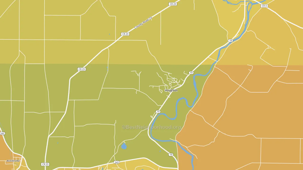 Map of the best neighborhoods in the Houghton area, with better matches in green and worse matches in red