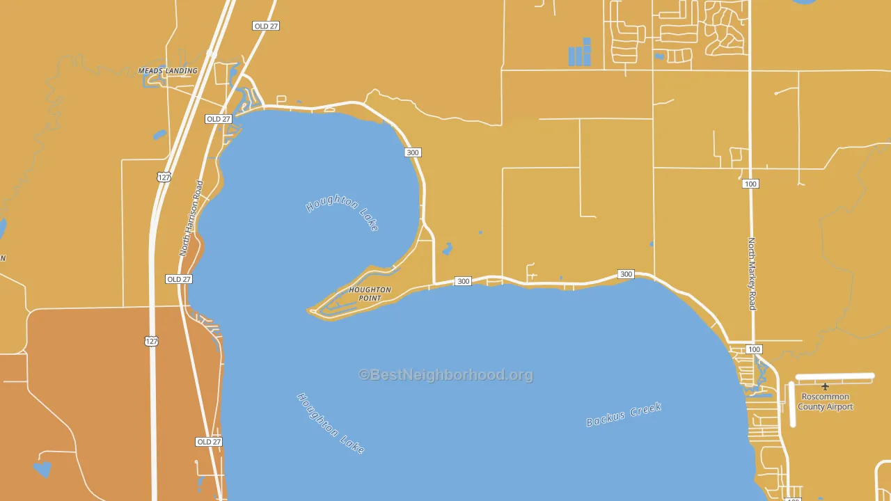 Map of the best neighborhoods in the Houghton Point area, with better matches in green and worse matches in red
