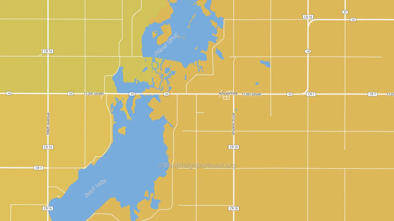 Map of the best neighborhoods in the Houghton area, with better matches in green and worse matches in red