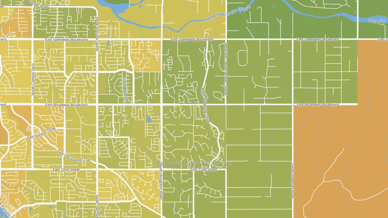 Map of the best neighborhoods in the Houghton, Tucson area, with better matches in green and worse matches in red