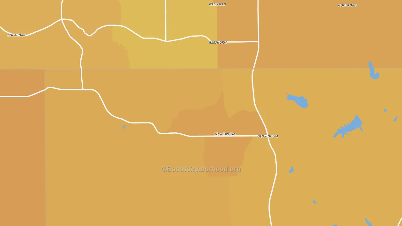 Map of the best neighborhoods in the Houlka area, with better matches in green and worse matches in red