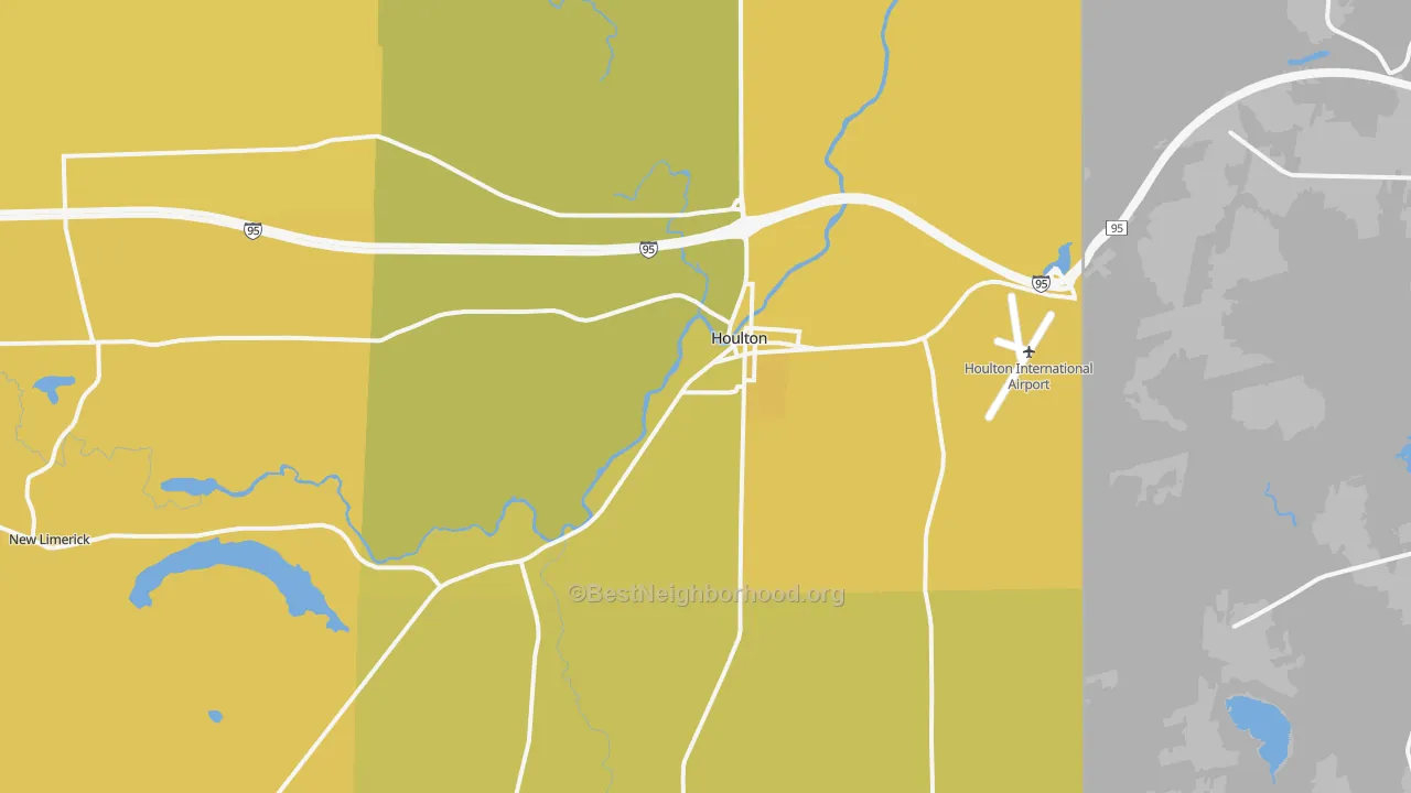 Map of the best neighborhoods in the Houlton area, with better matches in green and worse matches in red
