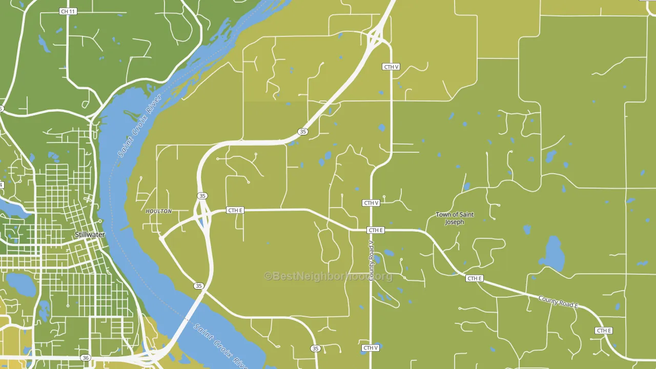 Map of the best neighborhoods in the Houlton area, with better matches in green and worse matches in red