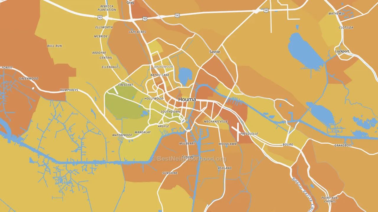 Map of the best neighborhoods in the Houma Metro area, with better matches in green and worse matches in red