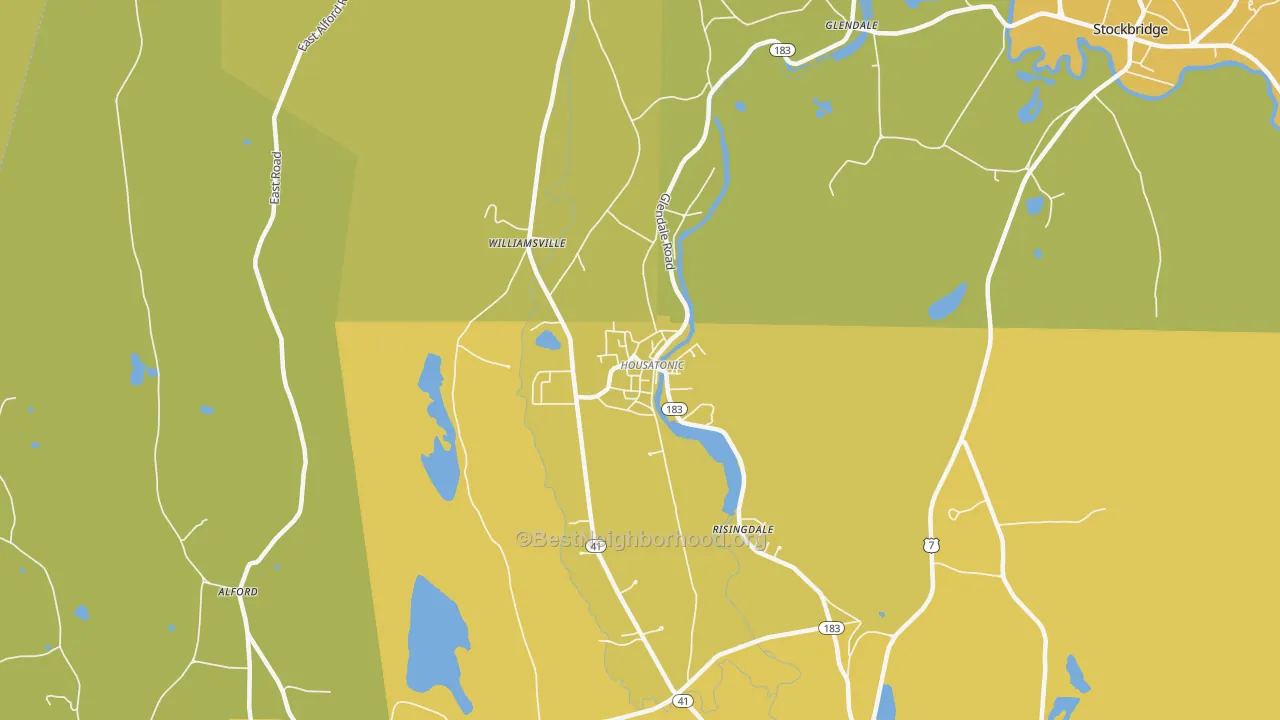 Map of the best neighborhoods in the Housatonic area, with better matches in green and worse matches in red