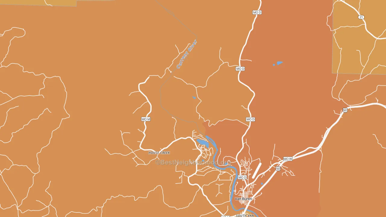 Map of the best neighborhoods in the House Creek area, with better matches in green and worse matches in red