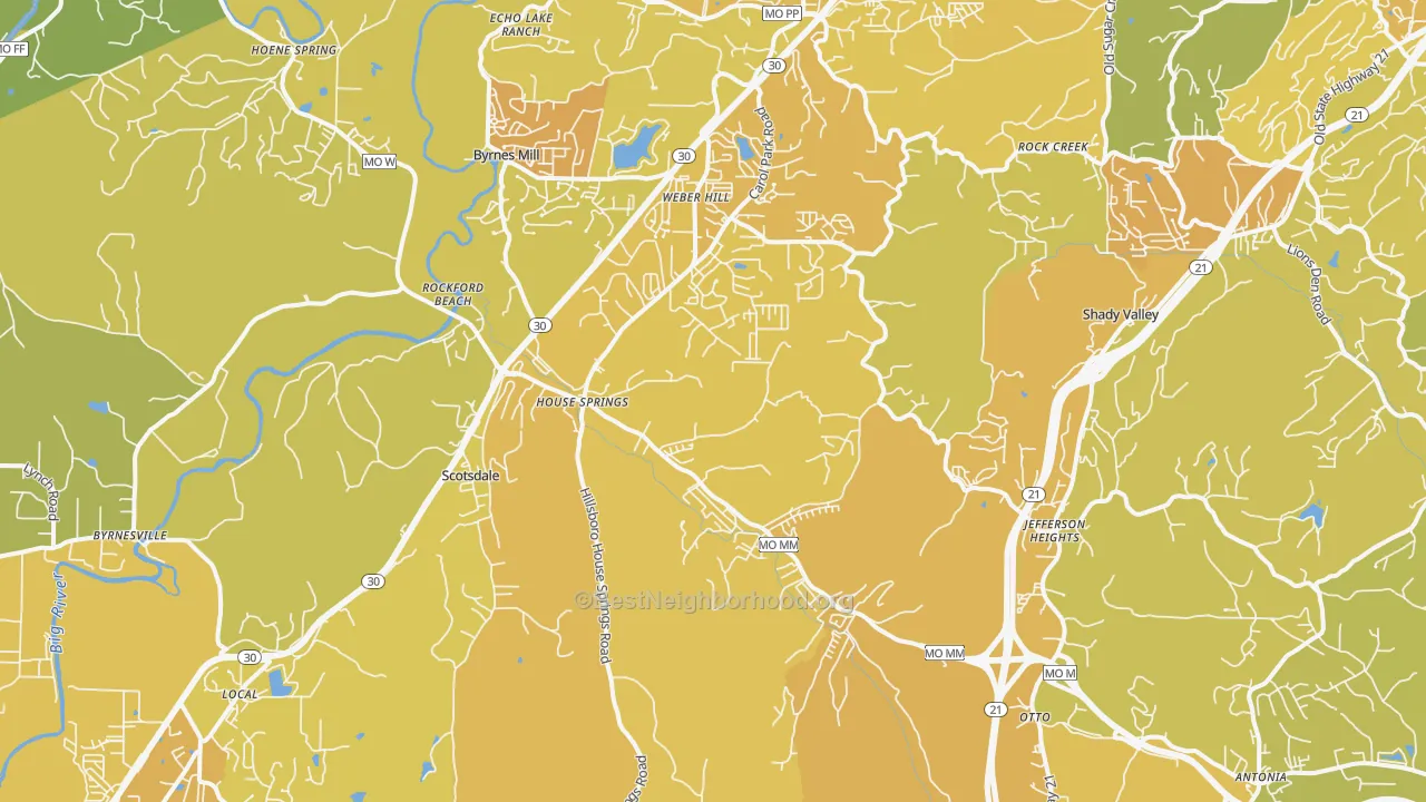 Map of the best neighborhoods in the House Springs area, with better matches in green and worse matches in red