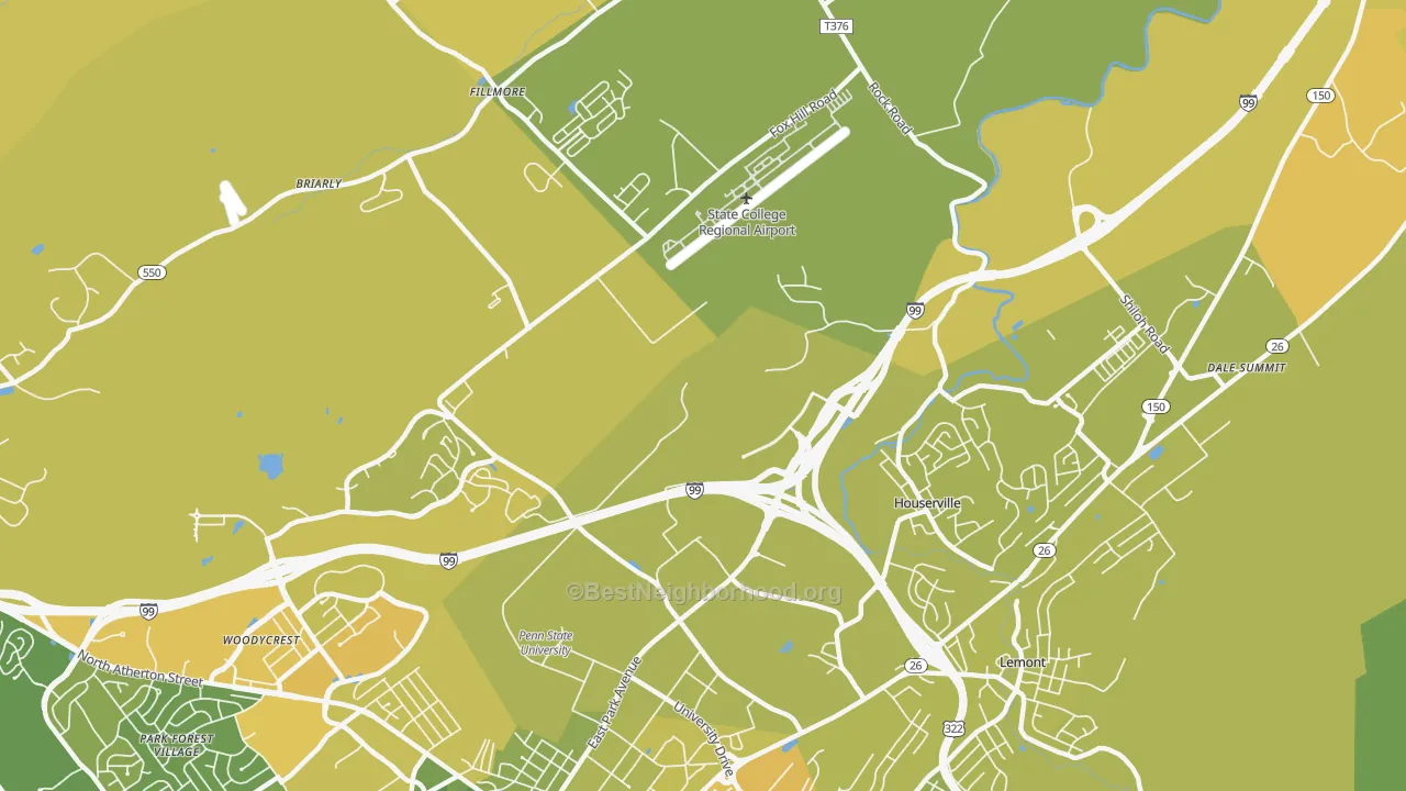 Map of the best neighborhoods in the Houserville area, with better matches in green and worse matches in red