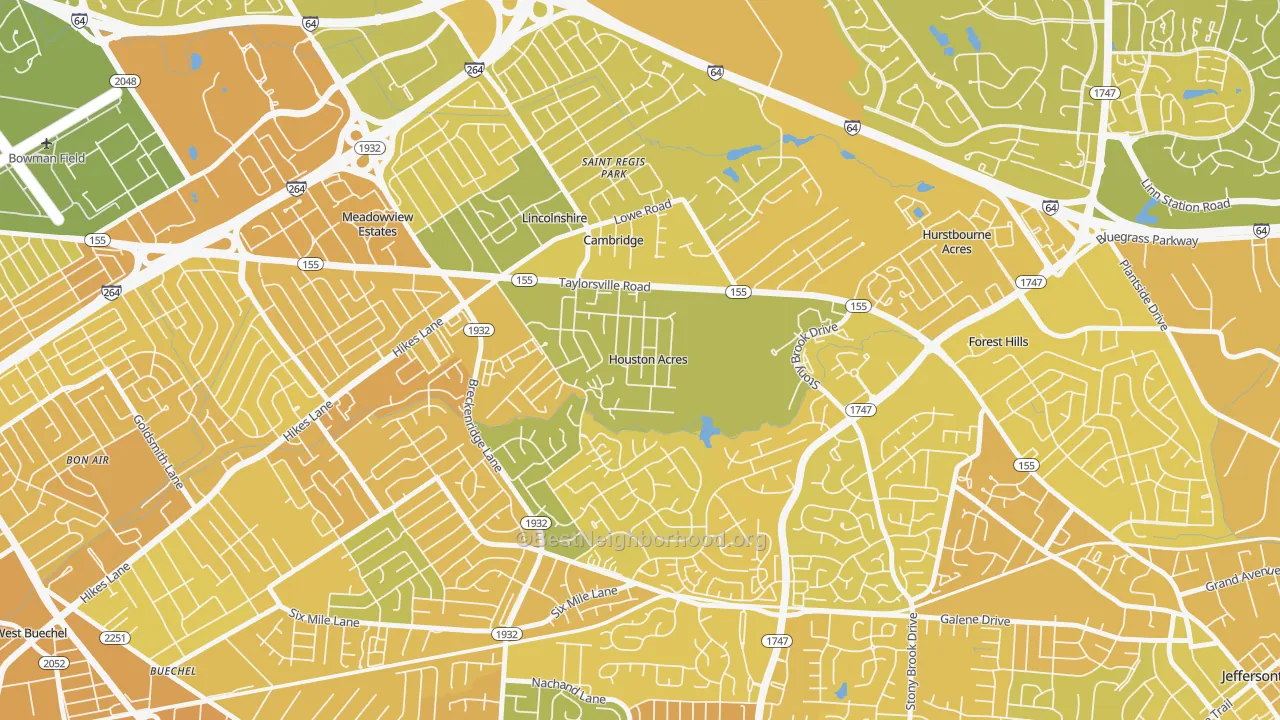 Map of the best neighborhoods in the Houston Acres area, with better matches in green and worse matches in red