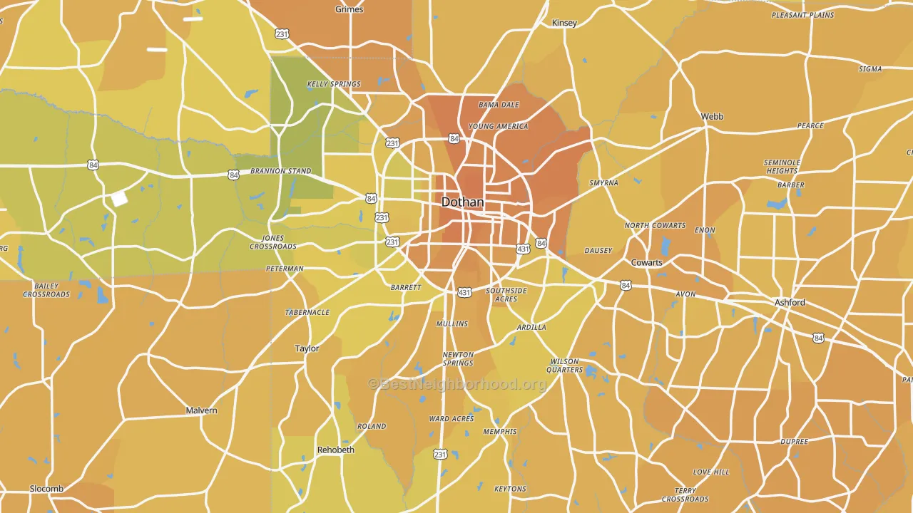 Map of the best neighborhoods in the Houston County area, with better matches in green and worse matches in red