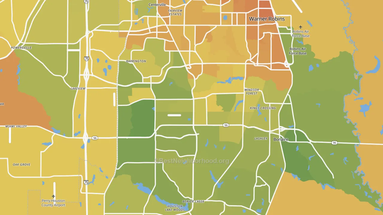 Map of the best neighborhoods in the Houston County area, with better matches in green and worse matches in red