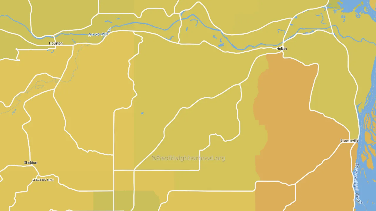 Map of the best neighborhoods in the Houston County area, with better matches in green and worse matches in red