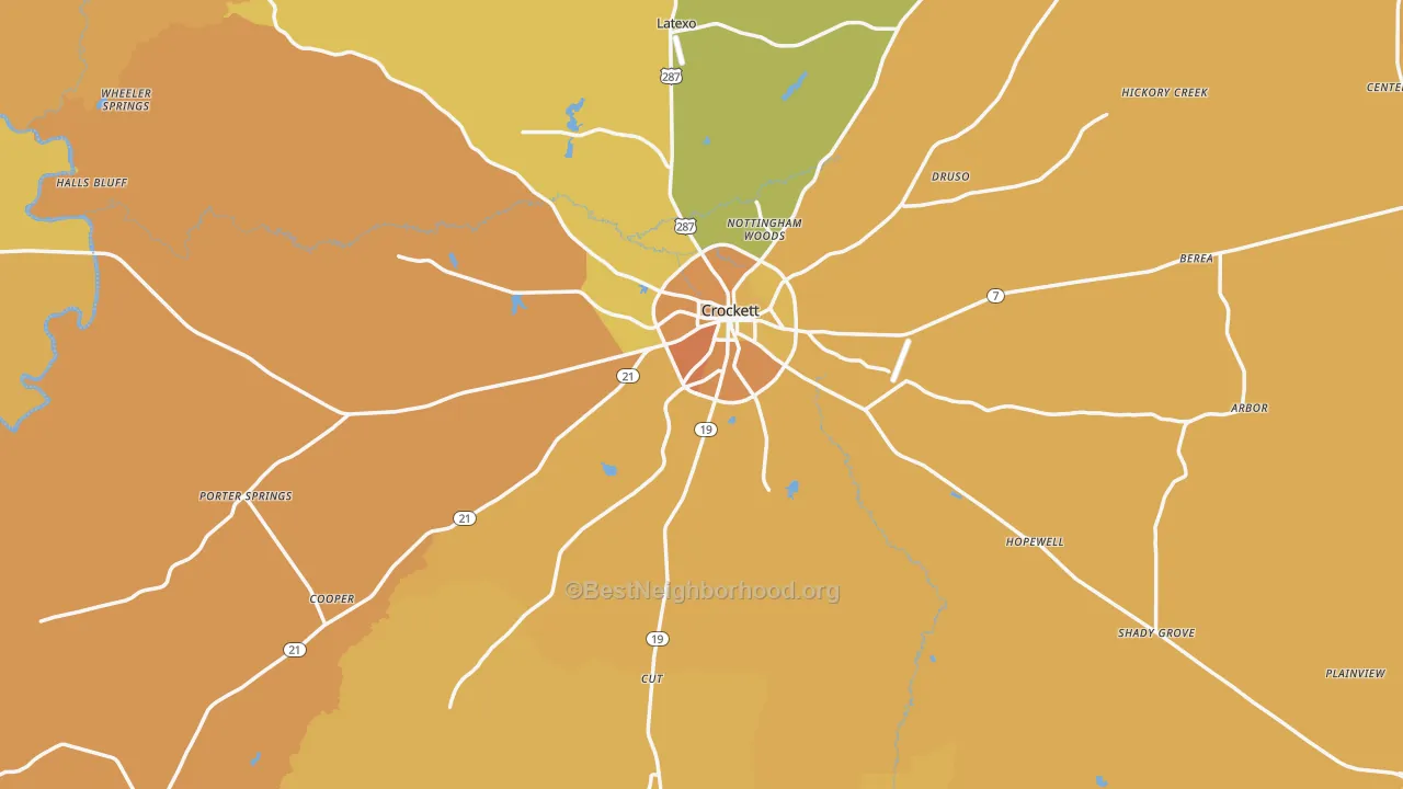 Map of the best neighborhoods in the Houston County area, with better matches in green and worse matches in red