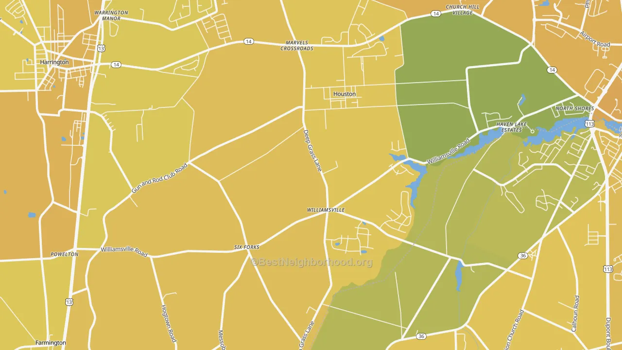 Map of the best neighborhoods in the Houston area, with better matches in green and worse matches in red