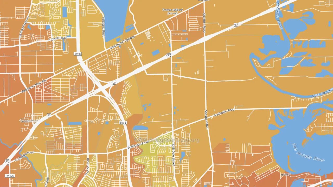 Map of the best neighborhoods in the Houston Farms, Houston area, with better matches in green and worse matches in red