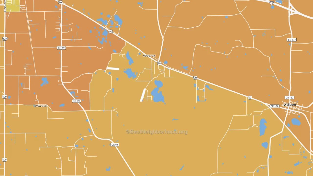 Map of the best neighborhoods in the Houston area, with better matches in green and worse matches in red