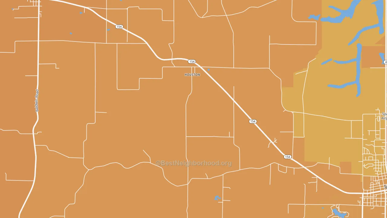 Map of the best neighborhoods in the Houston area, with better matches in green and worse matches in red