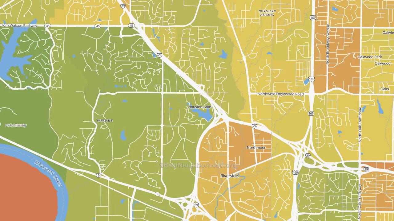 Map of the best neighborhoods in the Houston Lake area, with better matches in green and worse matches in red