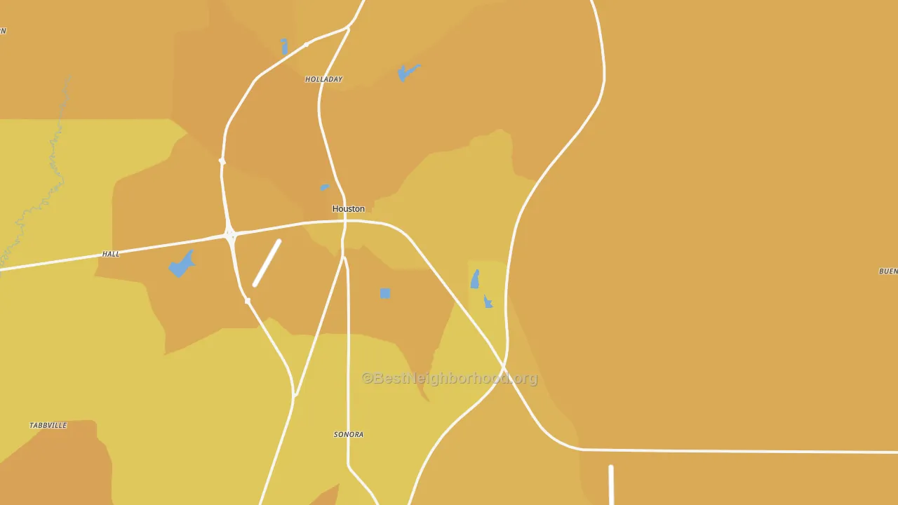 Map of the best neighborhoods in the Houston area, with better matches in green and worse matches in red