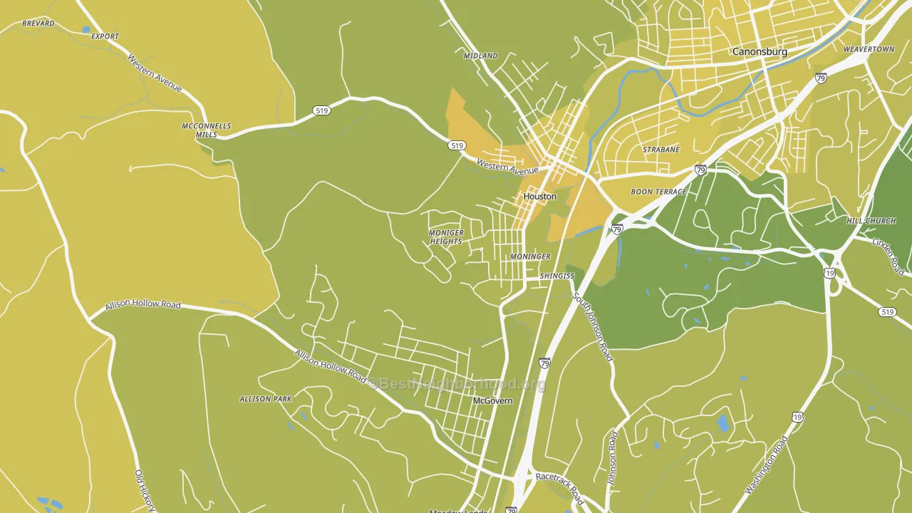 Map of the best neighborhoods in the Houston area, with better matches in green and worse matches in red